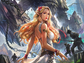 Fantasy woman, Blonde, Chain, Mountain, Stone, Girl HD wallpaper