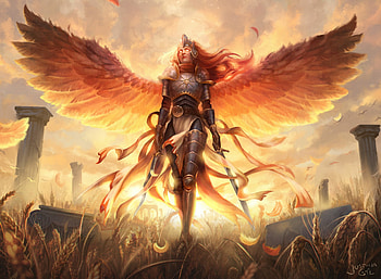 Angel, wings, art, girl, orange, justyna gil, fantasy, luminos, fire HD wallpaper