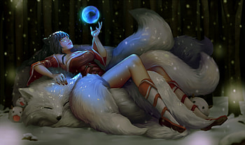 Ahri, blue, white, ling, vulpe, girl, fox, fantasy, magical, ball, luminos, vivianling, nine tails HD wallpaper