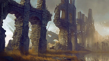 Birds, Fantasy, Wall, Pond, Riders, Ruin, Ruins HD wallpaper