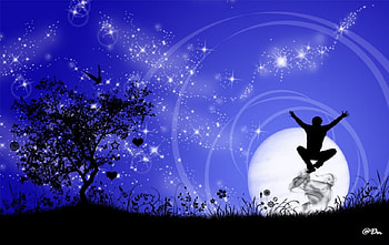 at Last, blue, circles, art, figure, stars, tree, moon, vector, flowers, silhouette HD wallpaper