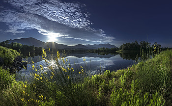 Lake at dawn - Corsica -, alba, flowers, france, lake HD wallpaper