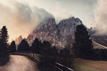 A scenic view of fog-covered mountains with a forest path and wooden fence. HD wallpaper