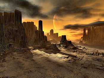 alien world, setting sun, shadows, planet, rock formations, clouds HD wallpaper