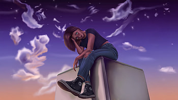 Girl Sitting Under Purple Sky, alone, girl, purple, sky, artist, artwork, art, digital-art, artstation HD wallpaper