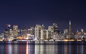 Cities, Water, Houses, Rivers, Sky, Night, Building, Lights, Reflection, Shine, Light HD wallpaper