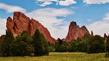 Garden of The Gods, Colorado, peaks, clouds, landscape, trees, sky, rocks, usa HD wallpaper