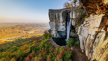 Waterfall near Chattanooga, Tennessee, sunshine, river, trees, landscape, sky, cascade, cliff, rocks HD wallpaper