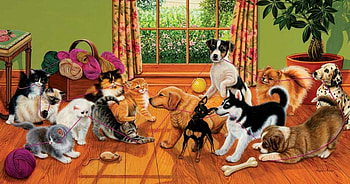 Higgins Bond. Who would win?, animal, dog, kitten, apinting, art, cat, play HD wallpaper