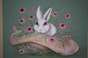 Garden Bunny, white, stems, eyes, garden, furry, spring, fluffy, bunny, pink, leaves, sitting, pretty, ears, flowers, hat HD wallpaper