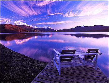 Be there in the morning, blue, shore, pink, clouds, deck chairs, lake, evening HD wallpaper