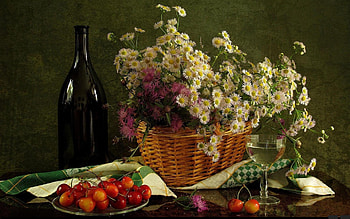 White flowers and cherries, still life, white, abstract, graphy, flower, red, cherries, bottle HD wallpaper