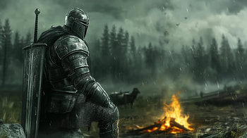 Medieval Knight by the Bonfire -, knight, medieval, bonfire, armor, broadsword HD wallpaper