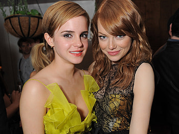 Emma Stone and Emma Watson, redhead, emma stone, emma watson, dress HD wallpaper