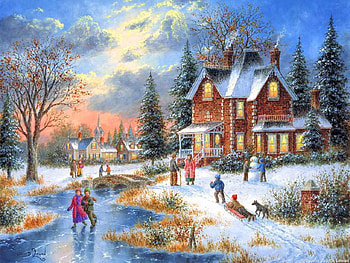 Winter, fun, art, dennis patrick lewan, house, lake, painting, pictura, ice HD wallpaper