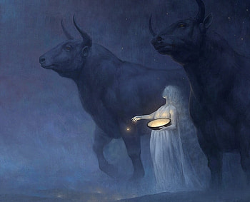 Sowing stars, night, blue, cow, art, bull, girl, stars, mini, jortagul, fantasy, luminos, giant, creature, valera luftullina HD wallpaper
