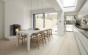 stylish kitchen interior design, modern interior, white kitchen, fireplace in the kitchen, idea for dining room, country house, white walls in the kitchen, white brick fireplace HD wallpaper
