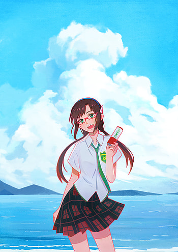 Brunette, anime girl at beach, original HD phone wallpaper