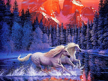 The Winter Run, river, winter, pine trees, run, rocks, horses, painting, colorful landscape, mountains HD wallpaper