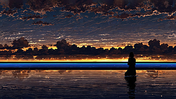 Anime Alone Girl Peaceful Twilight By The Water, anime-girl, alone, cloud, sunset, ocean, sea, artist, artwork, art, digital-art, ai, deviantart HD wallpaper
