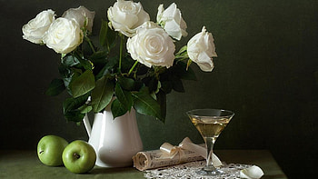 white roses, aplles, still life, flowers, teapot HD wallpaper