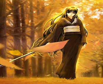 Isayama Yomi, japanese clothes, sun-ray, autumn, female, sexy, sword, fall, hot, anime girl, yellow, cool, nature, leaf, ga-rei zero, katana, forest, jian huang HD wallpaper