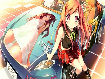 Sweet Car & Cute Girl, orangish red hair, anime car, girl, purple eyes HD wallpaper