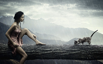 Cat and the girl, Cat, girl, CG, fantasy HD wallpaper