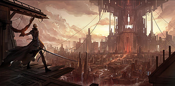 Dawn of Assault, sword, bird, city, buildings, lone, weapon, clouds, sky, katana, trench coat, male HD wallpaper