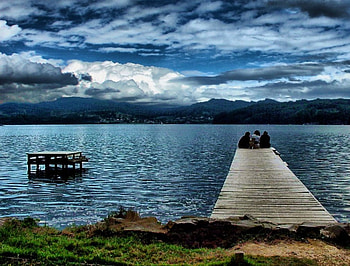Paisaje al atardecer, pier, sea HD wallpaper