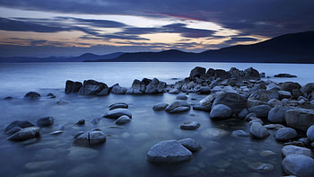 wonderful blue sunset, sea, shore, clouds, sunset, stones HD wallpaper