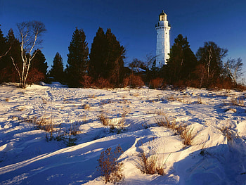 Nature, Trees, Snow, Lighthouse, Lake Michigan HD wallpaper