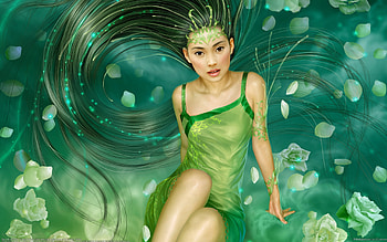 Fantasy girl, fantasy, green, art, girl, luminos, tang yuehui HD wallpaper