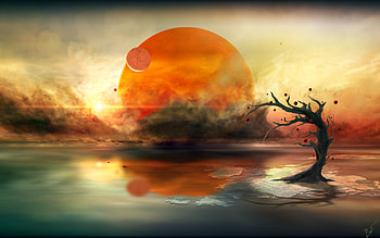 Tree, fantasy, sun, reflections, planet HD wallpaper
