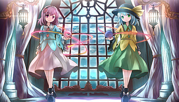 ~Sisters~, komeiji koishi, night, headband, ribbons, moon, short hair, pink eyes, hat, friends, skirt, sisters, blue eyes, pink hair, anime, touhou, green eyes, komeiji satori HD wallpaper