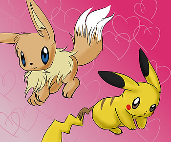 eevee and pikachu, hearts, eevee, pikachu, pokemon HD wallpaper