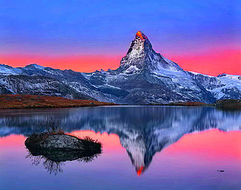 Morning light, blue, morning, colors, sunrise, mountain, purple, pink, reflection, mirrored, light, violet, clouds, nature, sky HD wallpaper