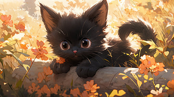 Adorable Black Kitten - Floral Backdrop, Black Cat, Animal, cat HD wallpaper