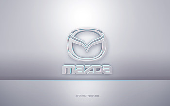 Mazda 3d white logo, gray background, Mazda logo, creative 3d art, Mazda, 3d emblem HD wallpaper