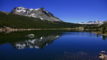 Mountains Reflected in Dark Blue Lake, blue, reflection, trees, nature, mountains, lake HD wallpaper