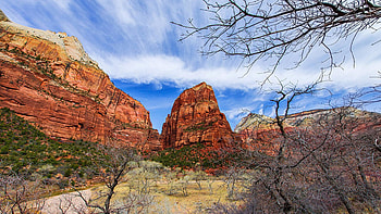 Angels Landing, Zion NP, Utah, rocks, landscape, clouds, trees, sky, mountains, usa HD wallpaper