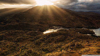 Autumn Forest Mountain Scene, Panoramic, Scotland, Trossachs National Park, autumn, forests, nature, United Kingdom HD wallpaper