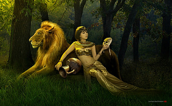 Beauty and the Beast, animal, golden, asian, duongquocdinh, girl, lion, woman, fantasy, green, yellow HD wallpaper