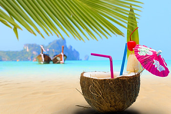 :-), blue, boat, sea, umbrella, coconut, palm leaf, beach, summer, pink, green, drink HD wallpaper