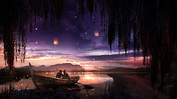 Art, Love, Stars, Night, Couple, Pair, Boat, Romance HD wallpaper