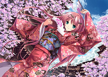 Anime Girl, kimono, ribbon, petals, fans, pins, red, clouds, sky, hair, cherry blossoms, bow, long HD wallpaper