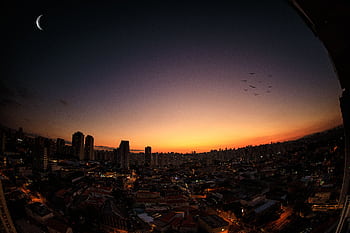 A breathtaking view of São Paulo's skyline at twilight with a crescent moon and birds in flight. HD wallpaper