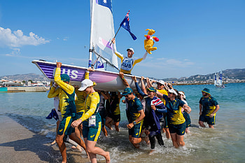 Australia's Matt Wearn celebrates after winning gold in a dinghy sailing race 2024 Paris Olympics, Sports, olympic games, Olympic Games Paris 2024, Australia HD wallpaper
