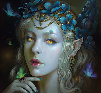 Fantasy girl, fantasy, art, gorgeous, face, blue, frank lee, frumusete, hand, jewel, superb, butterfly HD wallpaper
