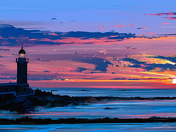 Guiding Light, sea, shore, lighthouse, landscape, clouds, sky, nature, sunset HD wallpaper